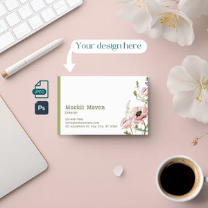 Visitenkarten-Mockup, Desktop-Hintergrund mit Blumenmuster, PSD- und JPEG-Dateien, Photoshop mit Smart-Objekt, digitaler Download