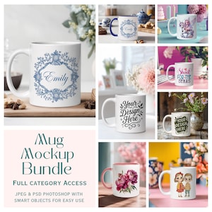 May include: A collection of white ceramic mugs with various designs. Some mugs feature floral patterns, personalized names, or inspirational quotes. The image also includes text that reads "Mug Mockup Bundle" and "Your Design Here."