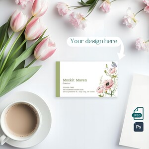 Visitekaartjesmodel, frisse bloemen desktopkaartmodel, PSD- en jpeg-bestanden, Photoshop met slim object, kaart 89 mm x 51 mm