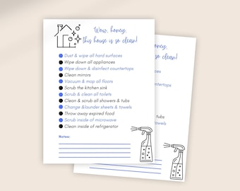 May include: A printable checklist with a house icon and a list of cleaning tasks, including "Dust & wipe all hard surfaces", "Wipe down all appliances", "Clean mirrors", and "Vacuum & mop all floors". The checklist is accompanied by two illustrations of spray bottles.