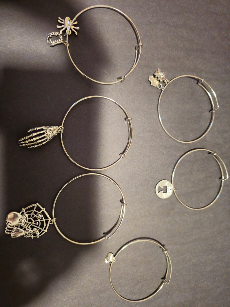Puede incluir: Seis pulseras expandibles de plata con diferentes dijes con tem&aacute;tica de Halloween, que incluyen una ara&ntilde;a, una mano de esqueleto, una calavera, un murci&eacute;lago, un coraz&oacute;n y una luna creciente.