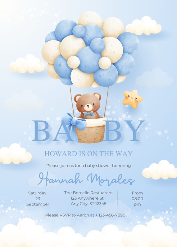 EDITABLE Baby Shower Invitation, Blue Balloon Baby Shower