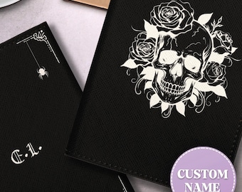 Custom Name Goth Passport Holder, Personalized Skull Rose Gothic Leather Passport Cover, Dark Floral Travel Case Creepy Cute Unique For Her