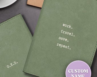 Custom Name Funny Meme Passport Holder, Work Save Repeat Humor, Travel Quote Retro Leather Passport Cover Cute And Unique For Globetrotter