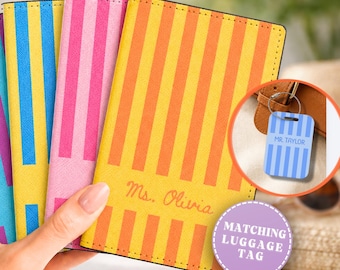 Custom Name Striped Leather Passport Wallet And Luggage Tag Minimalistic Leather Passport Holder With Stripes Preppy Travel Wallet For Women