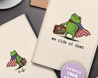 Custom Name USA Frog Passport Wallet, We Ride At Dawn Flag, Funny 4th of July Patriotic Gift, Cute Retro Leather Passport Cover for Holiday