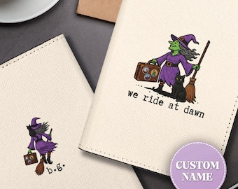 Custom Name Witch and Cat Passport Holder, We Ride At Dawn Funny Halloween Travel Cute Retro Leather Passport Cover, Cute And Unique For Her