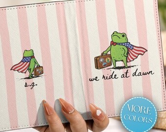 Custom Name USA Flag Frog, Striped Passport Holder, We Ride At Dawn Funny 4th of July Patriotic Name Gift Cute Retro Leather Passport Cover