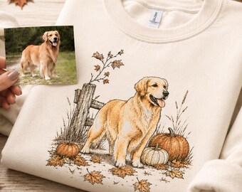 Custom Dog Portrait Sweatshirt, Personalized Pet Photo Autumn Pullover, Fall Pumpkin Dog Crewneck, Cozy Season Custom Pet Cabincore Shirt