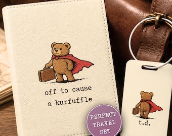 Custom Name Funny Meme Passport Holder & Luggage Tag, Off to Kause a Kurfuffle Teddybear Cute Travel Gift Quote Retro Leather Passport Cover