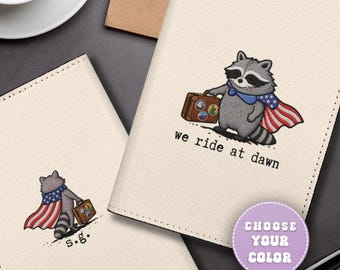 Custom Name USA Flag Raccoon, Passport Holder, We Ride At Dawn Funny 4th of July Patriotic Name Gift, Cute Retro Leather Passport Cover