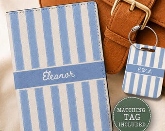 Custom Leather Passport Wallet & Luggage Tag Set For Women, Minimalistic Cute Leather Passport Holder, Coastal Travel Gift For Girls Trip