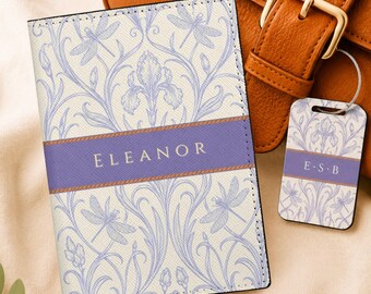 Custom Floral Leather Passport Holder & Luggage Tag Set For Women, Art Noveau Vintage Passport Wallet Dragonfly Travel Gift For Nature Lover