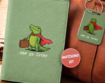 Personalizied Passport Holder & Luggage Tag Meme, Name Funny Meme See Ya Later Alligator Cute Travel Gift Quote Retro Leather Passport Cover