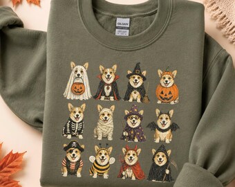 Halloween Corgi Sweatshirt, Costume Corgi Crewneck, Funny Dog Halloween Shirt, Skeleton Mummy Vampire Corgi Sweater, Retro Corgi Lover Gift