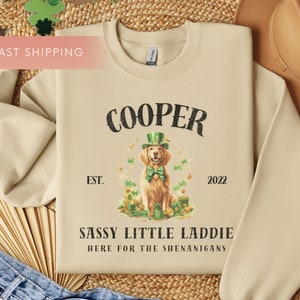 May include: A beige sweatshirt with a graphic of a golden retriever wearing a green leprechaun hat and holding a pot of gold. The text "COOPER EST. 2022 SASSY LITTLE LADDIE HERE FOR THE SHENANIGANS" is printed on the sweatshirt.