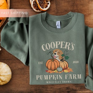May include: A green sweatshirt with a white graphic design that says "Cooper's Pumpkin Farm Est. 2020 Magically Grown". The graphic also features a beagle dog, pumpkins, and fall leaves.