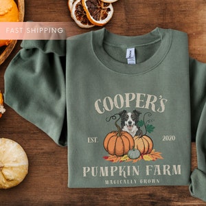 May include: A green sweatshirt with a white graphic design featuring a dog sitting in front of pumpkins. The text on the graphic reads "Cooper's Est. 2020 Pumpkin Farm Magically Grown".
