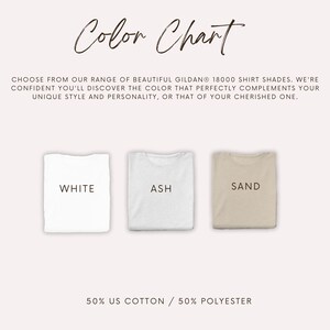 May include: Color chart showing three t-shirt colors: white, ash, and sand. The text "Color Chart" is at the top of the image. The text "50% US Cotton / 50% Polyester" is at the bottom of the image.