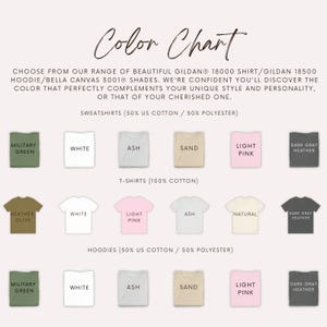 May include: Color chart showcasing various t-shirt, sweatshirt, and hoodie colors. The chart includes shades like military green, white, ash, sand, light pink, and dark gray heather. The text reads "Color Chart" in elegant script.