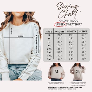 May include: Sizing chart for a Gildan 18000 unisex sweatshirt. The chart shows the width, length, and sleeve length in inches for sizes S through 5XL. The chart also includes a photo of a model wearing a size M and a size XL sweatshirt.