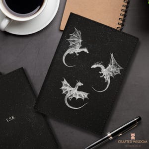 May include: Black passport holder with three white dragon illustrations. The dragons have detailed wings and are set against a speckled background. A second black holder with the initials "E.S.K." is also visible.