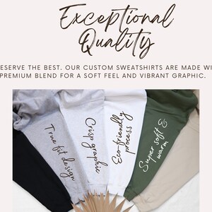 May include: Five different color sweatshirts with text printed on them. The text on the sweatshirts reads: "True fit design", "Crisp graphic", "Eco-friendly process", "Super soft & warm".