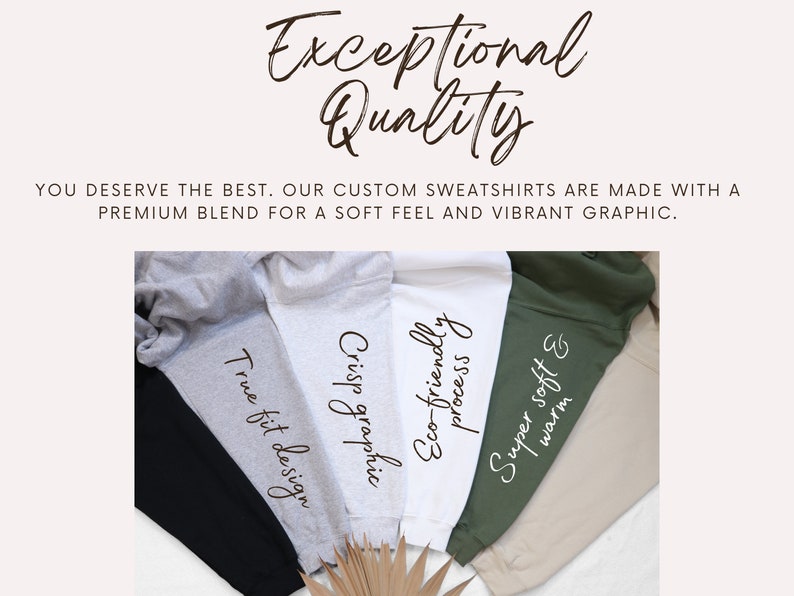 May include: Five different color sweatshirts with text printed on them. The text on the sweatshirts reads: "True fit design", "Crisp graphic", "Eco-friendly process", "Super soft & warm".