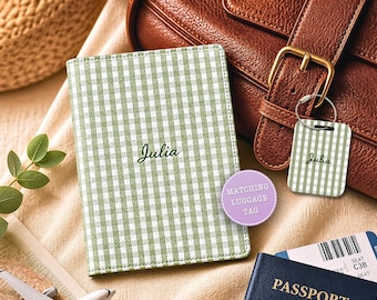 Custom Checkered Leather Passport Wallet & Luggage Tag, Personal Minimalistic Cute Leather Passport Holder, Preppy Travel Wallet For Women