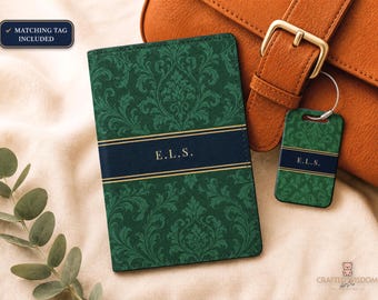 Custom Leather Passport Wallet & Luggage Tag Set For Men, Baroque Damask Leather Passport Holder, Baroque Travel Gift For Graduation Present