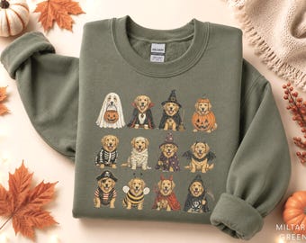 Halloween Golden Retriever Sweatshirt, Costume Golden Crewneck, Funny Dog Halloween Shirt, Skeleton Mummy Vampire Dog Lover Retro Sweater