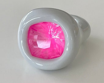 New neon pink crystal polymer pink in light gray chunky handcrafted pop art ring