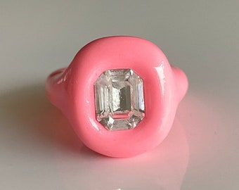 Neon coral grapefruit coral pink glossy enamel look statement polymer ring with small octagon crystal swarovski