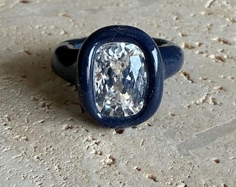 Handmade Navy Blue Polymer Clay Statement Ring • Clear Swarovski Crystal