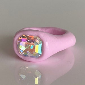 Handcrafted Artisan  Bubblegum Soft Pink Polymer clay ring with premium Opalescent Swarovski Crystal