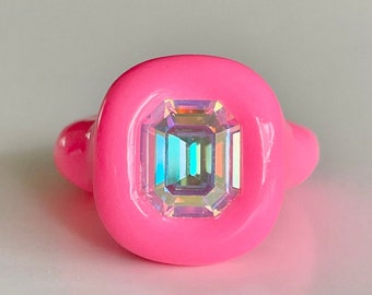 Neon vivid pink chunky hand sculpted chunky polymer ring with dreamy rainbow opalescent crystal