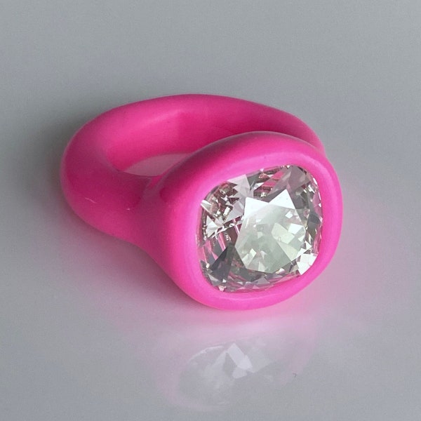 Handcrafted Artisan  Intense Neon Pink Fuchsia Polymer clay ring with premium Swarovski Crystal