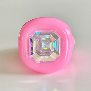 Light neon pink Bubble gum pink chunky statement handcrafted ring with square opalscent swarovski crystal