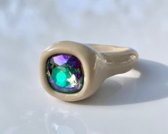 Handcrafted Beige Northern Lights solid polymer clay ring with swarovski crystal