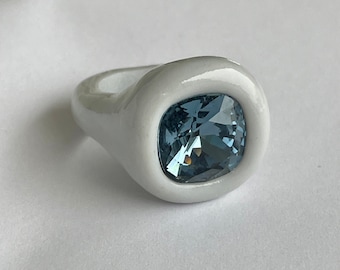 Indigo blue crystal ring hand sculpted polymer clay designer chunky ring