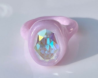 Soft pink bubblegum unicorn dreamy pink handcrafted  clay ring with opalescent Swarovski crystal