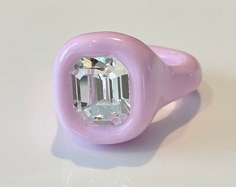 Soft pastel pink Bubble gum pink chunky statement handcrafted ring with Octagon swarovski crystal