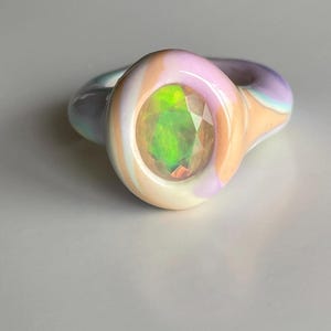 Pastel colorful rainbow statement hand sculpted polymer ring with natural rainbow opal