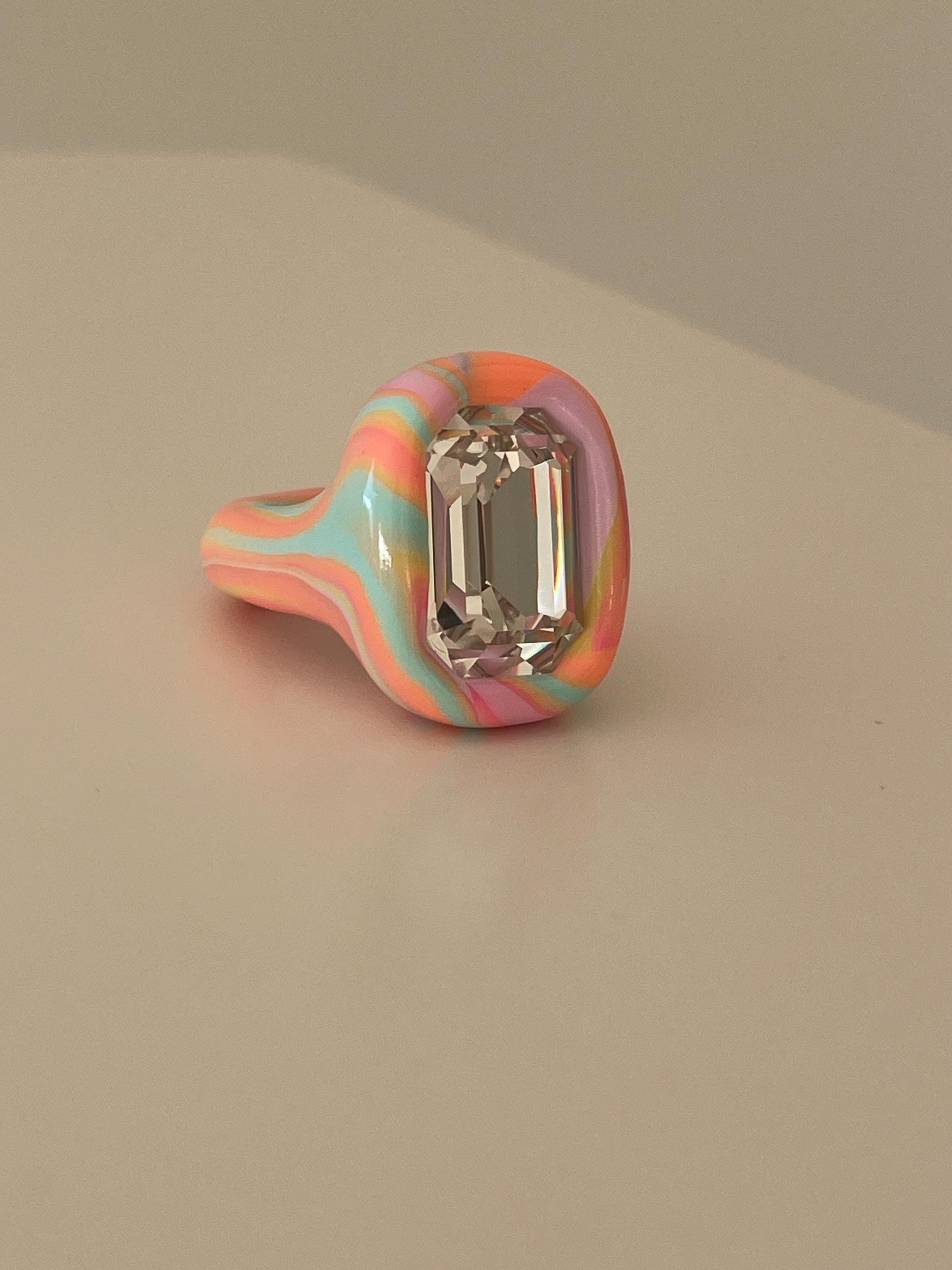 Vibrant Arty Multicolor Rainbow Polymer Ring With Big Octagon Swarovski ...