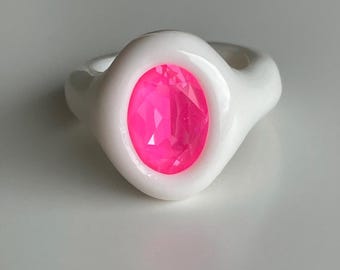 Off white glossy porcelain like white polymer ring with vibrant neon pink swarovski crystal