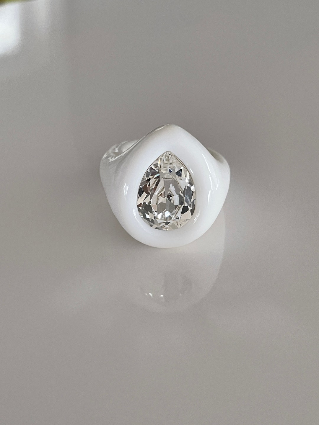 White Porcelain Ring: Hand Sculpted Polymer Clay With Swarovski Crystal ...