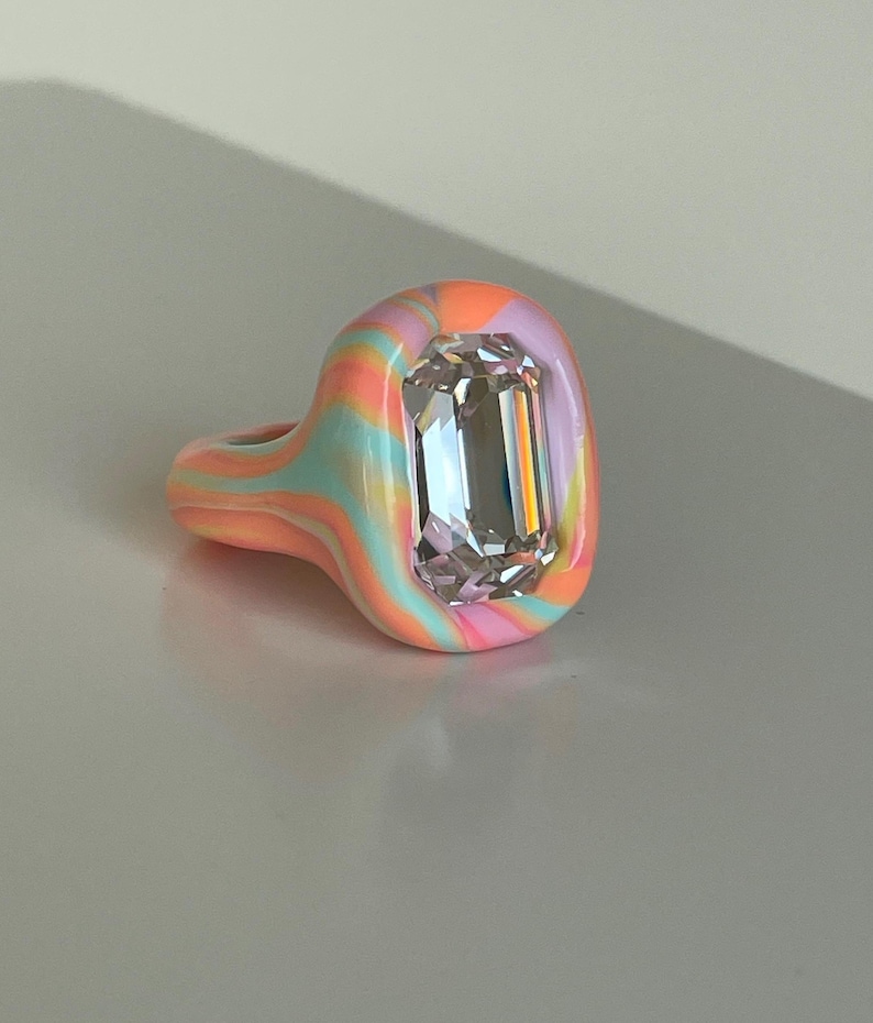Vibrant Arty Multicolor Rainbow Polymer Ring With Big Octagon Swarovski ...