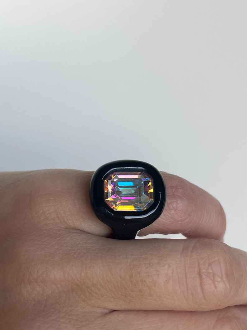 Handcrafted Black Polymer Clay Ring: Iridescent Crystal Statement - Etsy