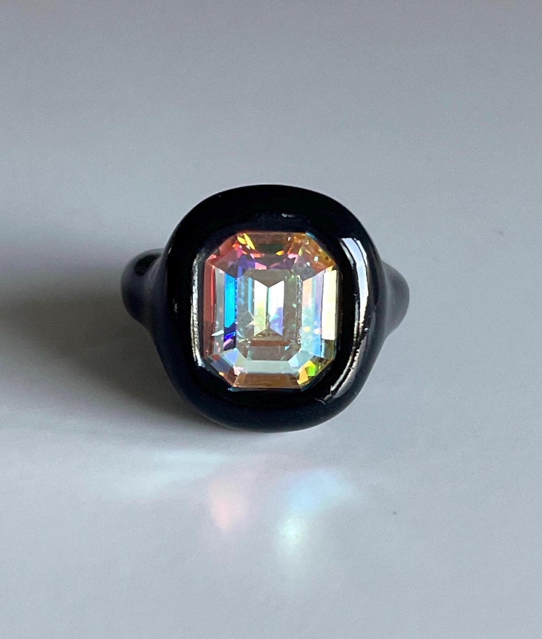 Handcrafted Black Polymer Clay Ring: Iridescent Crystal Statement - Etsy