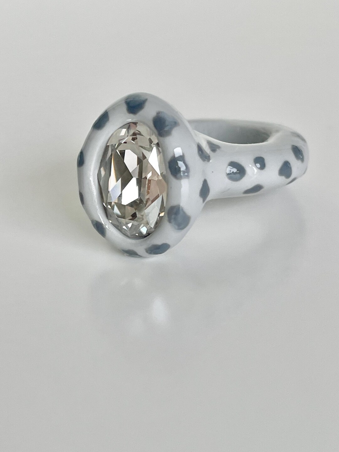 Clay Rings Grey Snow Leopard Print Gray Polymer Clay Ring With Swarovski Crystal - Etsy